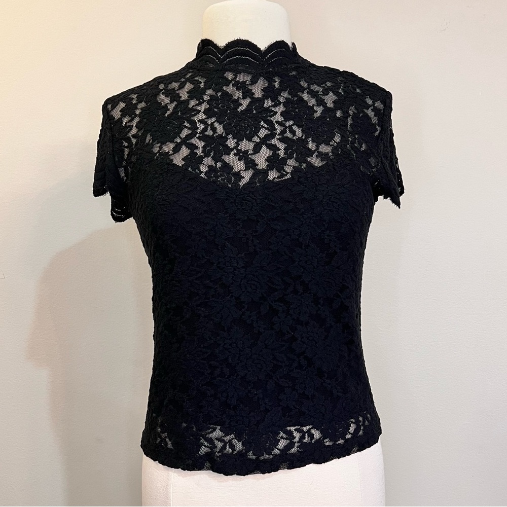 NWT Zara Black Lace Top with Tank – Elegant Sheer Blouse Size L